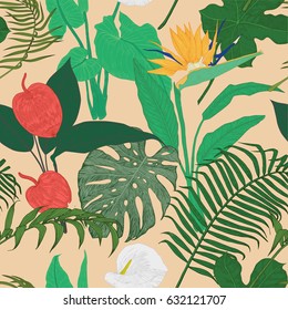 Seamless pattern with exotic flowers and leaves. Vector.