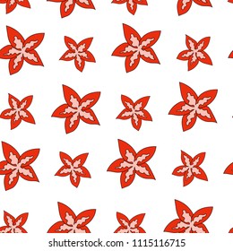 Seamless pattern of exotic flowers on a white background. Red flowers in cartoon style. Wallpaper for card, clothing, textiles. Hand drawing. Vector illustration.