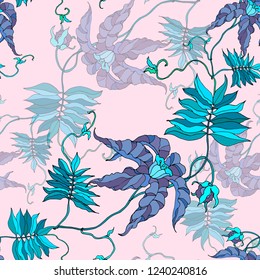 Seamless pattern exotic flowers on pink background. Vector version.