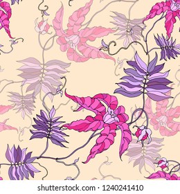 Seamless pattern exotic flowers on cream background. Vector version.