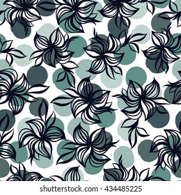 Seamless pattern with exotic flowers on a polka dot background.