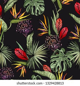 Seamless pattern with exotic flowers and palm leaves. Hand drawn vector on black background.