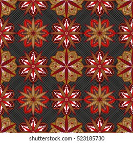 Seamless pattern of exotic flowers in red, purple, muted green & white on black background.