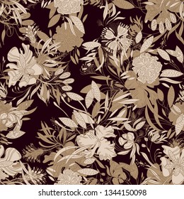 Seamless pattern. Exotic flowers. Trend textile floral print. For womenswear, interior decor.