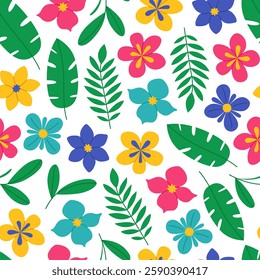 Seamless pattern with exotic flowers and tropical leaves on white background. Colorful summer collection. Wild jungle greenery. Vector flat illustration for wallpaper, textile, packaging