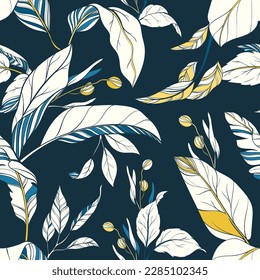 Seamless pattern with exotic flowers in yellow and blue colors