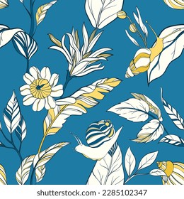 Seamless pattern with exotic flowers in yellow and blue colors