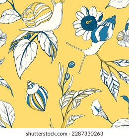 Seamless pattern with exotic flowers in yellow and blue colors

