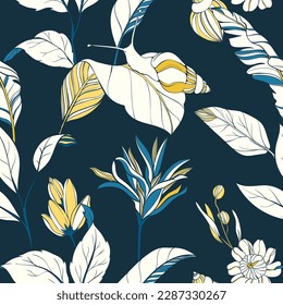 Patrón sin foco con flores exóticas en colores amarillo y azul
