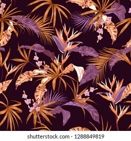 Seamless pattern exotic forest Summer tropical vector  with hawaiian plants ,leaves and flowers design for fashion, fabric,web,wallpaper, and all prints on burgundy background color