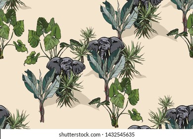 Seamless Pattern Exotic Forest Tropical Jungles Plants Big Leaves with Elephants Animals in Mountains Hawaiian Print hand Drawn Fabric Design Illustration on Beige Background