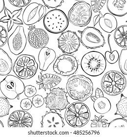 Seamless pattern with exotic fresh fruits. Eco healthy food and products.