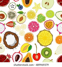 Seamless pattern with exotic fresh fruits. Eco healthy food and products.