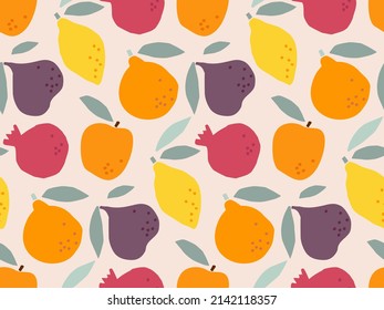 Seamless Pattern with exotic fruit with leaves, hand drawn doodle sketch. Repeated Flat vector illustration Food template for menu, wallpaper, wrapping, packing, textile, scrapbooking