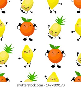 SEAMLESS pattern exotic fruits banana, orange, pineapple durian fruit cherry red Funny cute faces character. Kitchen textile or wrapping paper