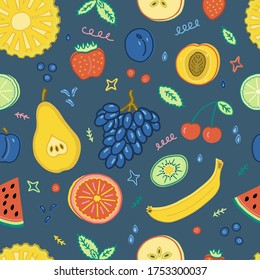 Seamless pattern: Exotic fruits and berries. Looks great both on a dark or light background. Pineapple, strawberry, apple,  lime, grapefruit, pear, cherry,watermelon, plum, peach, grape, kiwi, mint.