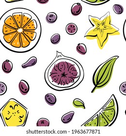 Seamless pattern with exotic fruits and berries in sketchy style isolated on white background. Doodle hand drawn vector illustration