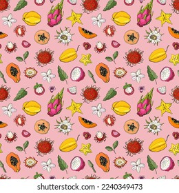 Patrón sin foco con frutos exóticos. Diseño para tela, textil, papel pintado, embalaje.	