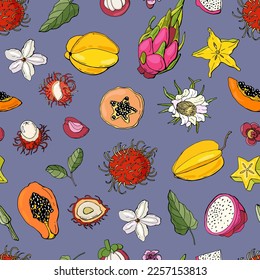 Patrón sin foco con frutos exóticos. Diseño para tela, textil, papel pintado, embalaje.	

