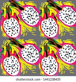
Seamless pattern with exotic fruits. Dragon fruit. Juicy colorful background, summer.
