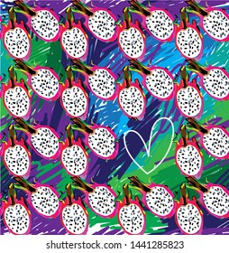 
Seamless pattern with exotic fruits. Dragon fruit. Juicy colorful background, summer.