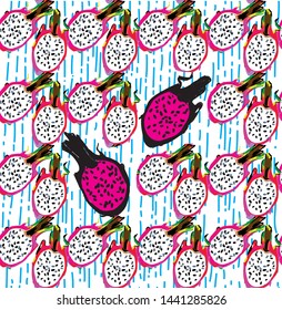 
Seamless pattern with exotic fruits. Dragon fruit. Juicy colorful background, summer.