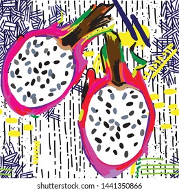 Seamless pattern with exotic fruits. Dragon fruit. Juicy colorful background, summer.