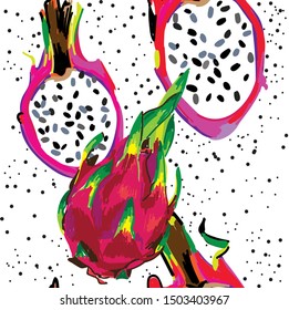 Seamless pattern with exotic fruits. Dragon fruit. Juicy colorful background, summer.