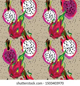 Seamless pattern with exotic fruits. Dragon fruit. Juicy colorful background, summer.