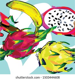 Seamless pattern with exotic fruits. Dragon fruit. Juicy colorful background, summer.