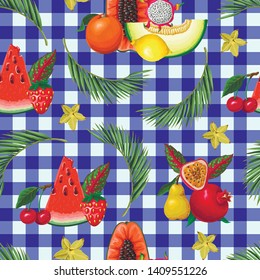 Seamless pattern with exotic fruits and flowers. Trendy print.