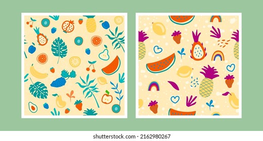 Seamless pattern of exotic fruits in hand drawn style. Vector repeat background for colorful summer fabric.