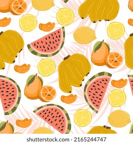Seamless pattern of exotic fruits in hand drawn style. Vector repeat background for colorful summer fabric.