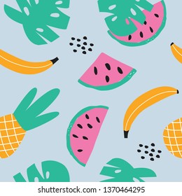 Seamless pattern with exotic fruits and leaves.   Vector illustration for printing on banner, poster, wrapping paper, fabric. Cute baby background.