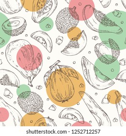 Seamless pattern with exotic fruits: lichee fruit, avocado, guava and papaya. Vector hand drawn illustration.