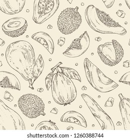 Seamless pattern with exotic fruits: lichee fruit, avocado, guava and papaya. Vector hand drawn illustration.