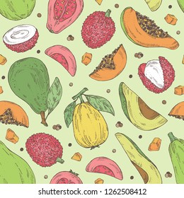 Seamless pattern with exotic fruits: lichee fruit, avocado, guava and papaya. Vector hand drawn illustration.