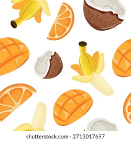 Patrón sin fisuras con frutas exóticas, a saber, con mitades de plátano, naranja, coco y mango dispuestos al azar