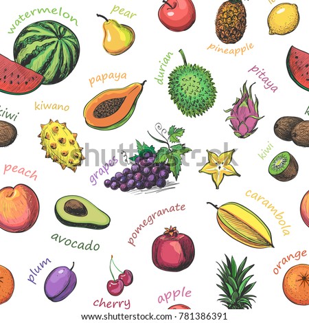 Seamless Pattern Exotic Fruits Names Colored Vector de stock (libre de regalías)781386391 ...