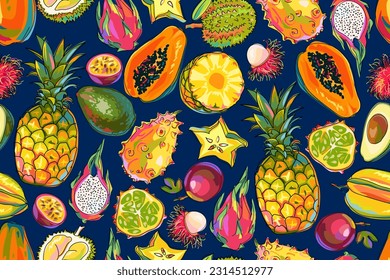 Seamless pattern with exotic fruits on a dark background. Pineapple, durian, pitaya, papaya, carambola, passion fruit, avocado, rambutan, kiwano. Summer tropical bright print. Cartoon. Vector.