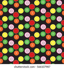 Seamless pattern. Exotic fruits on a black background. Vector illustration.