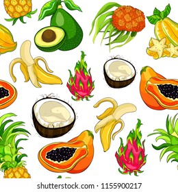 seamless pattern  exotic fruits pandan banana avocado coconut papaya pineapple, Pitahaya, star carambola  vector illustration