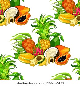 seamless pattern  exotic fruits pandan banana avocado coconut papaya pineapple, Pitahaya,  carambola  vector illustration