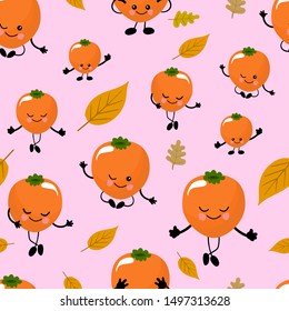 SEAMLESS pattern exotic fruits persimmons, funny cute faces character. Kitchen textile or wrapping paper