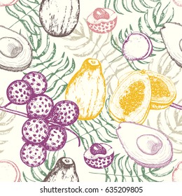 Seamless pattern with exotic fruits and plants in vintage style. Hand drawn seamless background, wrapping paper design with exotic, tropical fruits