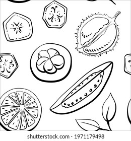 Seamless pattern with exotic fruits slices in black line sketchy style isolated on white background. Doodle hand drawn vector illustration
