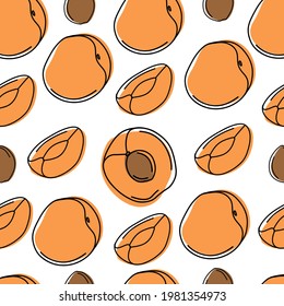 Seamless pattern of exotic fruits, summer fruit apricot, tropical apricot pattern, orange and brown color, apricot pattern vector illustrations, single line and color spots, doodle graphics
