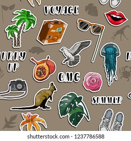 Seamless pattern with Exotic fruits and traveling concept. Travel colorful items stickers. Vector illustration
