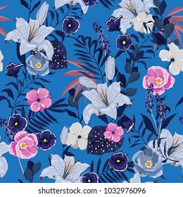 Seamless Pattern exotic garden flowers and leaves, line hand drawn style  Isolated on blue color. Botanical  Floral Decoration Texture. unfinish Style Design for Fabric Print, Wallpaper Background.