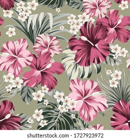 seamless pattern Exotic hawaiian tropical hibiscus flowers and palm on khaki background  artwork for fabrics, souvenirs, packaging, greeting cards and scrapbooking